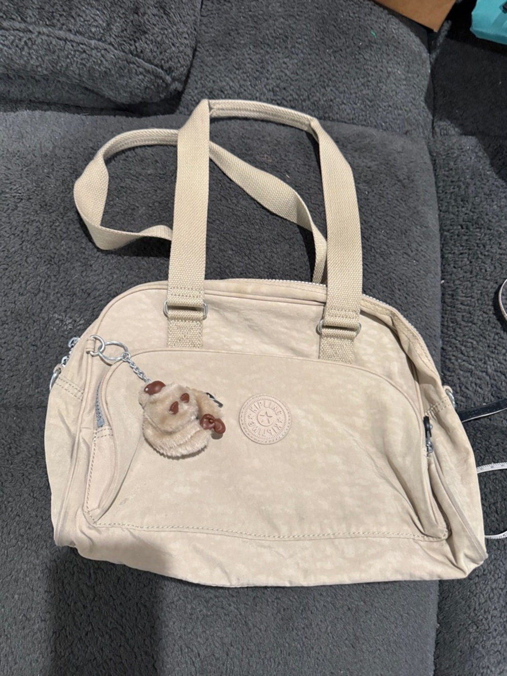 Beige Canvas Tote with Monkey Keychain